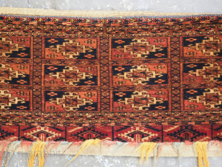 Antique Tekke Turkmen torba / mafrash, face of a small storage bag.
Size: 2ft 9in x 11in (83 x 27cm).
Circa 1880.
This small Tekke Turkmen torba / mafrash is a small bag used for ...