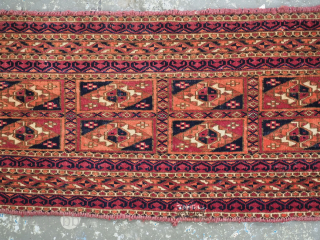 Antique Tekke Turkmen torba / mafrash, face of a small storage bag.
Size: 2ft 9in x 12in (83 x 30cm).
Circa 1880.
This small Tekke Turkmen torba / mafrash face, is the piled face of ...