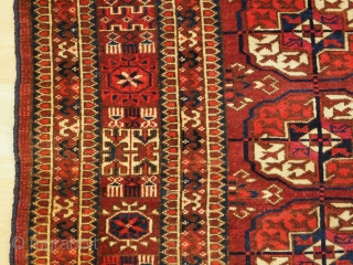 Antique Tekke Turkmen rug of small size with excellent colour. www.knightsantiques.co.uk 
Size: 4ft 8in x 3ft 7in (142 x 108cm).
Circa 1880.

The rug has three rows of seven Tekke guls, these are will  ...