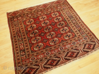 Antique Tekke Turkmen rug of fine weave and small square size. www.knightsantiques.co.uk Size:4ft 4in x 4ft 2in (131 x 127cm). Circa 1900. These rugs are considered to be ‘dowry’ weavings used by  ...