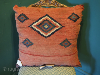 Antique saddle bag carpet cushion, the cushion is half of a saddle bag by the Qashqai tribe of southwest Persia, circa 1880.
The back is the original back of the saddle bag with ...