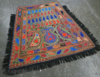 Antique Uzbek Lakai tribal ceremonial horse / saddle cover.
Size: 4ft 4inx 4ft 1in (131 x 124m) excluding tassels.
Circa 1920.
This beautiful embroidered horse / saddle cover was made by the Lakai tribe of ...