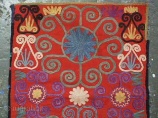 Antique Uzbek Lakai tribe uut kap ilgich, shield wall hangings for the yurt.
Size: 2ft 1in x 1ft 4in (63 x 41cm).
Circa 1900.

Uut kap ilgich are shield shaped hangings that usually formed part  ...