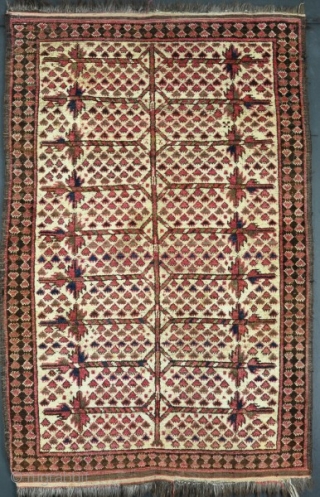 An old Ersari/Beshir rug with strong graphics in decent condition. contains a synthetic dye, hence price. 144 x 93 cm. Circa 1900.           