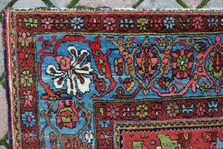 An unusual Bijar rug, very fine with great wool very saturated vegitable dyes. An abstract design that Ive never encountered before. The piece is in very good pile, but has a slight  ...