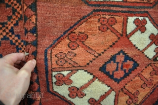 An antique Ersari small carpet in fat pile with good dyes and wool.Some small old reweaves, but clean and floor ready retaining its origianl sides and fat kilim ends. Late  19th  ...