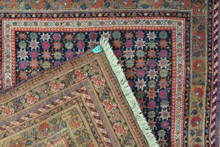 An unusual Neriz Afshar rug, square and cute. All natural dyes, woven on wool. Slight corrosion in places, needs washing. Circa 1875.           