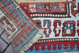 An antique Shassavan long rug with good clear dyes and beautiful wool in untouched condition, minor end border partially missing, but in full pile with original sides. A funky rug with floppy  ...