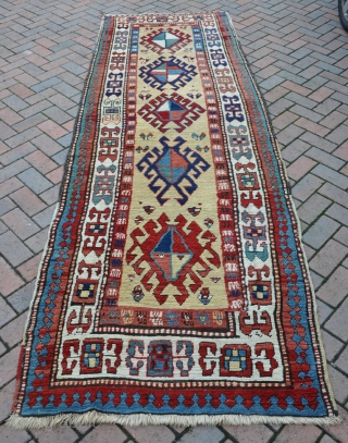 An antique Shassavan long rug with good clear dyes and beautiful wool in untouched condition, minor end border partially missing, but in full pile with original sides. A funky rug with floppy  ...