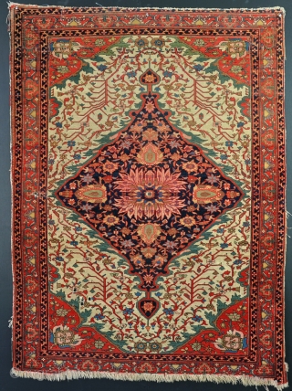 A very fine antique Malayer rug with nice drawing. Filthy, losses to ends and sides, some small holes, slight red run on back in places, but in good pile so perfect for  ...