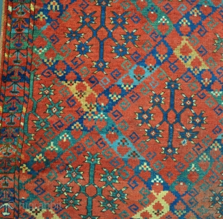 An antique Ersari rug with unusual design and beautiful dyes. Rare piece fresh to the market, filthy dirty, some local mothing and a little wear, but mainly in good pile with its  ...