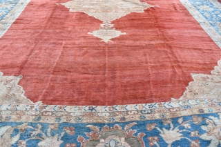 A very large antique carpet from the coveted Ziegler and Co workshop in Arak. 
A top flight carpet of rare square proportions and beautiful soft wool and dyes. Full pile all over,  ...