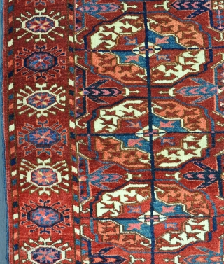 A good Tekke wedding rug with all natural dyes and good wool. The piece is in extraordinary condition, no wear or repair. hanging loops to rear. just needs a bath. circa 1880. 