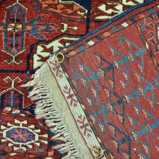 A good Tekke wedding rug with all natural dyes and good wool. The piece is in extraordinary condition, no wear or repair. hanging loops to rear. just needs a bath. circa 1880. 