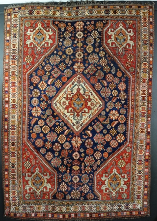 Antique Qasgai with shiney wool and good dyes, slightly low in places, but mostly in very good pile with no repairs. Late 19th century. 223x156cm        