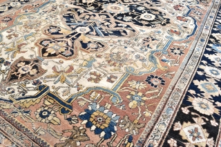 A fine antique Moteshem Kashan rug. Finely made with the beautiful wool and weave synonymous with the master weaver. Some corrosion/low pile, some small holes to ends Professionally conserved) remnants of original  ...