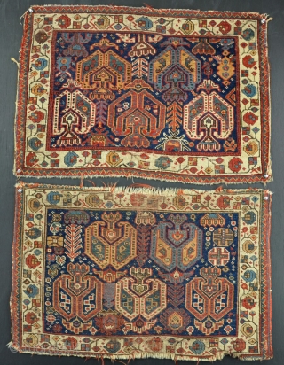 A pair of antique Afshar bags with strong graphics and good dyes. One more worn than the other. Late 19th century. Absolutly filthy, need a bath and a tidy up, but pretty,  ...