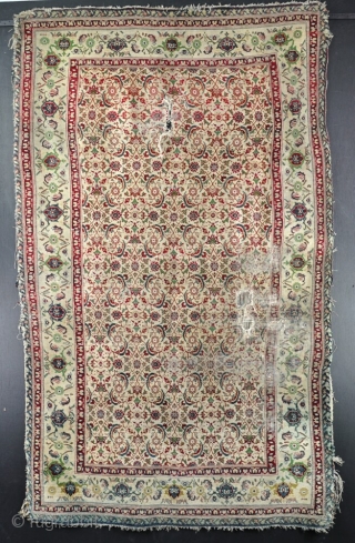 A fine antique agra rug with soft dyes, filthy, some worn patches and losses, but generally in good pile, so fixable. Circa 1890. From a very good scottish house. 202 x 122  ...