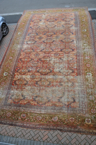 A massive antique Mahal carpet in "as found" condition with many problems. Lovely deisgn and soft color pallete. Good for a brave restorer or for a classic english country house look. White  ...