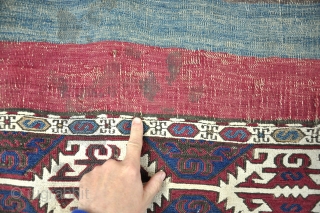 An antique Anatolian Kilim (Mafrash?)mounted on cloth complete with beautifully made collapsible stretcher and Velcro. Obvious damages and some local surface staining but big and graphic and sensibly priced. Mid 19th century.  ...