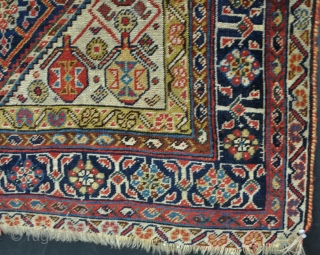 A good antique Qasgai with lovely graphics. Losses to ends, slightly low in places, filthy dirty,but a good old one and a nice size. 208 x 138cm      