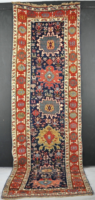 An antique Karaja long rug with funky drawing, lovely graphics and good wool and dyes. Sides missing a little faded reweave, but lots of thick luxy pile and original ends.Circa 1870. 310  ...