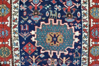 An antique Karaja long rug with funky drawing, lovely graphics and good wool and dyes. Sides missing a little faded reweave, but lots of thick luxy pile and original ends.Circa 1870. 310  ...