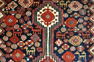 Antique Khamseh runner of very high quality with good wool and dyes in high pile. a few spots of local moth, one or two tiny reweaves. Original kilims  ends and sides,  ...