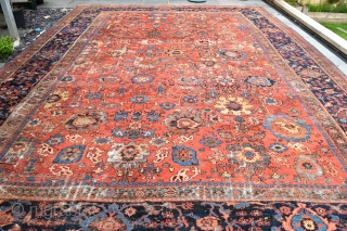 A very large antique Ferahan carpet, cut and worn but fixable and very pretty, circa 1870. 600x420cm                