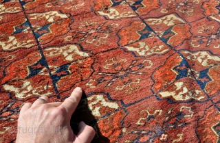 A super fine Tekke wedding rug, very good dyes and great wool, some silk highlights. Decent pile but with some moth damage that has made trails and some little holes in places.Sides  ...