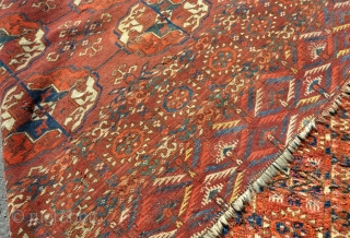 A super fine Tekke wedding rug, very good dyes and great wool, some silk highlights. Decent pile but with some moth damage that has made trails and some little holes in places.Sides  ...