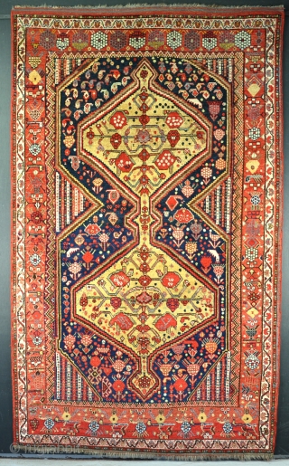 Antique Khamseh with juicy yellow medallions and fat glossy pile. Just one or two very small old crease repairs, otherwise in excellent order. Late 19th century. 220 x 135cm    