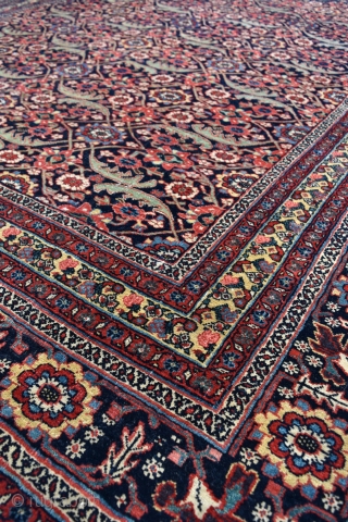 Bijar Kelleh carpet, elegant allover design with a beautiful range of muted natural dyes.
This very heavy, all wool carpet pre dates the more common late 19th century Bijar production.
It remains in amazing  ...
