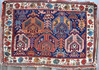 An antique all wool Afshar bag face with good dyes and strong graphic quality. Nibbled around edges, but in pile. Circa 1880. 70cm x 40cm        