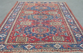 An antique Sumac carpet with funky border. Slight wear corrosian in places, one small hole, slight loss to ends,dirty but not stained. about 1cm of Fushine in one end, otherewise good dyes.  ...