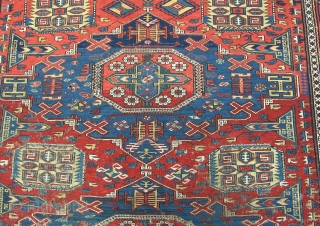 An antique Sumac carpet with funky border. Slight wear corrosian in places, one small hole, slight loss to ends,dirty but not stained. about 1cm of Fushine in one end, otherewise good dyes.  ...