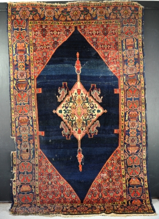 A very fine antique Senneh small carpet, good pile, but with obvious damages and very dirty but not stained. This would have been an expensive carpet. Now reasonably priced and ripe for  ...