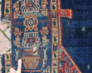 A very fine antique Senneh small carpet, good pile, but with obvious damages and very dirty but not stained. This would have been an expensive carpet. Now reasonably priced and ripe for  ...