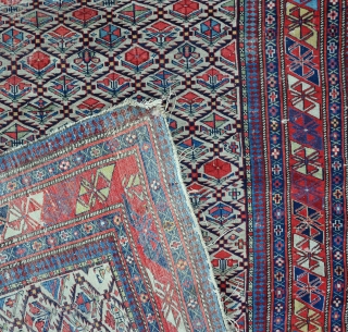 An exceptionally fine Shirvan prayer rug, woven on silk wefts. a little wear, s tear to left border, tatty around edges, one or two small faded repairs, needs a good wash. The  ...