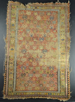 A beautiful old Sumac rug in distressed condition, a little Fuschine otherwise very good dyes. Circa 1875.                