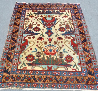 An old Afshar rug with beautiful colours, scale and drawing. Woven on cotton, hence date. Original selveges worn, pile low in places, one or two little cuts an little repairs, but generally  ...
