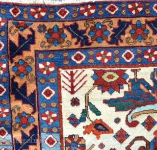 An old Afshar rug with beautiful colours, scale and drawing. Woven on cotton, hence date. Original selveges worn, pile low in places, one or two little cuts an little repairs, but generally  ...