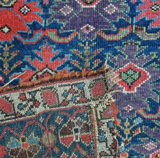 An early Kurdish carpet with  at least 12 fabulous colours. Cut and shut at both ends (doesent realy show), some local wear, filthy dirty, but plenty of fat glossy pile. Very  ...