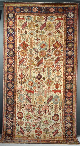 Antique Sekarlu Qasgai, finly woven on rare ivory ground. Lots of beautifully drawn elements including human figures and lions. Some very high qulity repair, good pile, clean and floor ready, Circa 1880.  ...