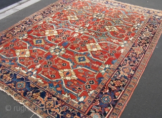 A funky antique Heriz carpet in the scarce 6x9 format. Good dyes and in decent order. Circa 1900.               