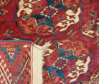 a Fine old Tekke main carpet with good dyes and shiney wool in mint condition with no repairs. Very crisp clean piece. 10x7. late 19th century.       