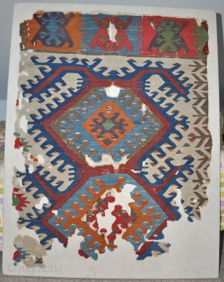 Kilim frag, central Anatolia, early 19th century. Very finely woven, professionally mounted on stretcher.  100x77cm                 