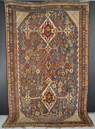 An antique Qasgai carpet with sky blue ground. 19th century.                       