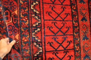 An antique Ersari Ensi with exceptionally thick pile and rich colours. slight loss to one corner two thumb nail sized repairs otherwise in amazing condition even retaining its hanging straps. 19th century.  ...