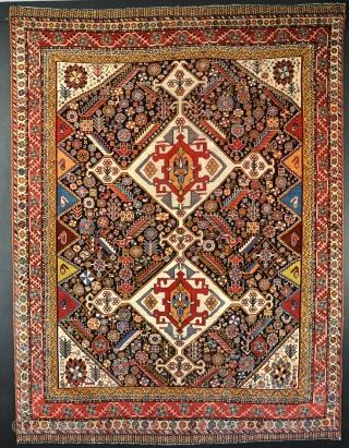 Very fine Qasgai rug with choice colours, unusual border and squareish proportions. a few very small well done repairs, slightly thinning in middle but mainly in good pile with its original ends  ...